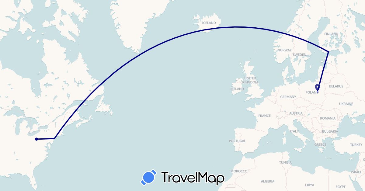 TravelMap itinerary: driving in Finland, Poland, United States (Europe, North America)